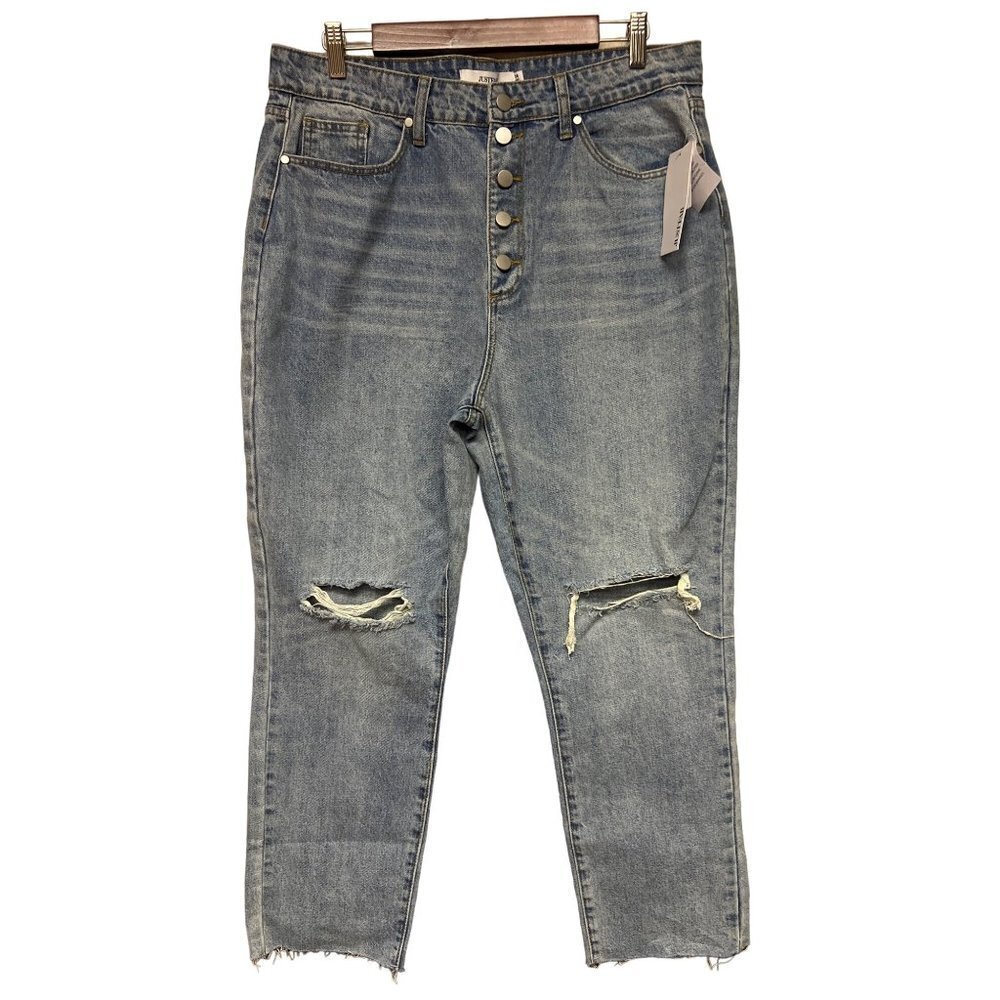 NEW! JUSTFAB Exposed Button Fly Distressed Ankle Jeans Women's Size 14